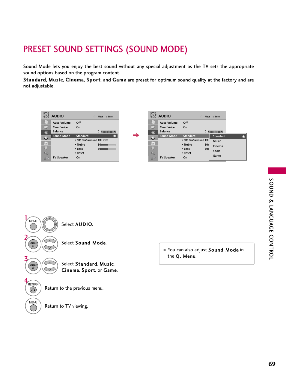 Preset sound settings (sound mode), Sound & langu a ge contr ol | LG 47LG50-UG User Manual | Page 69 / 114