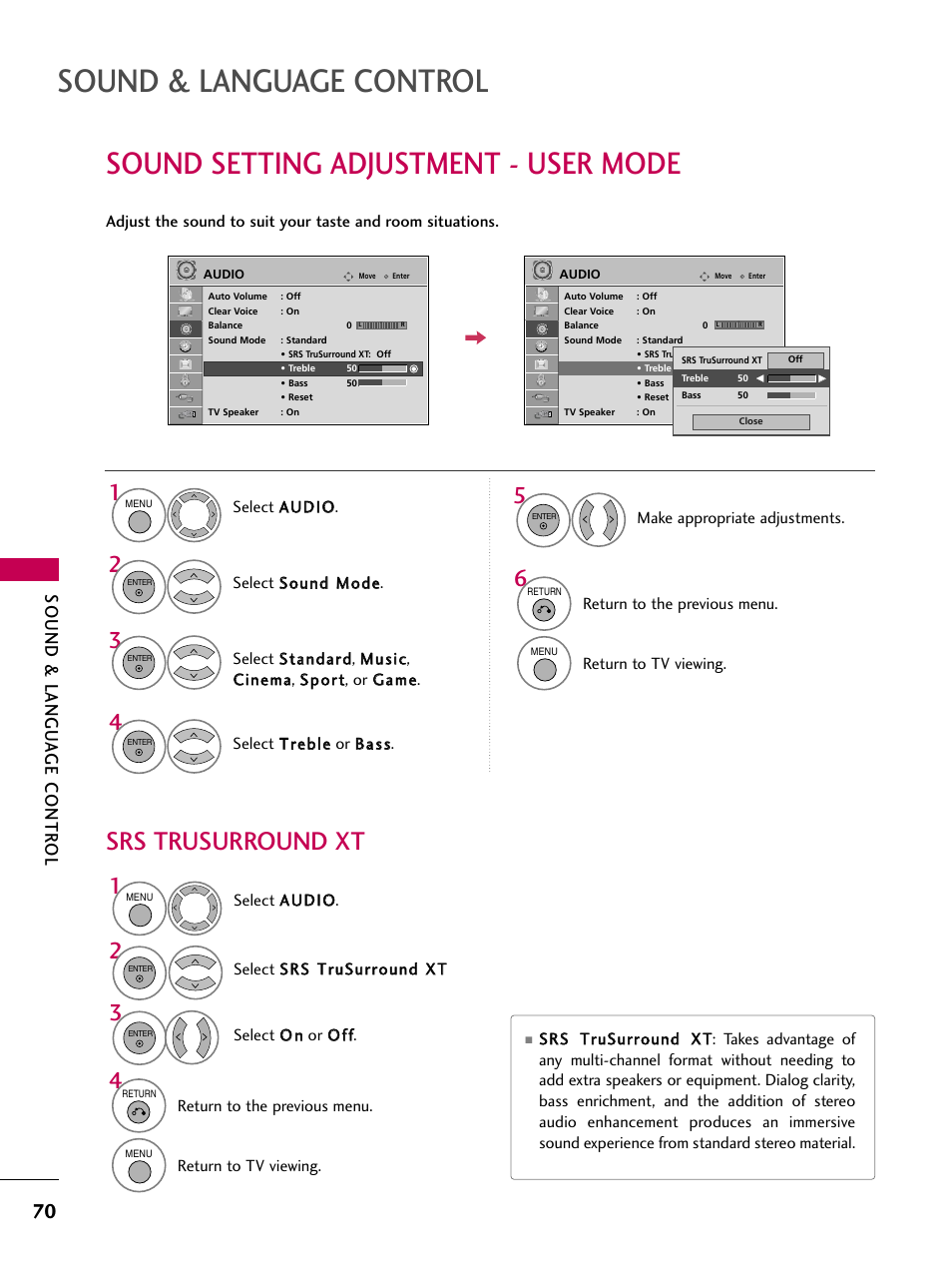 Sound setting adjustment - user mode, Sound & language control, Srs trusurround xt | Sound & langu a ge contr ol | LG 47LG50-UG User Manual | Page 70 / 114