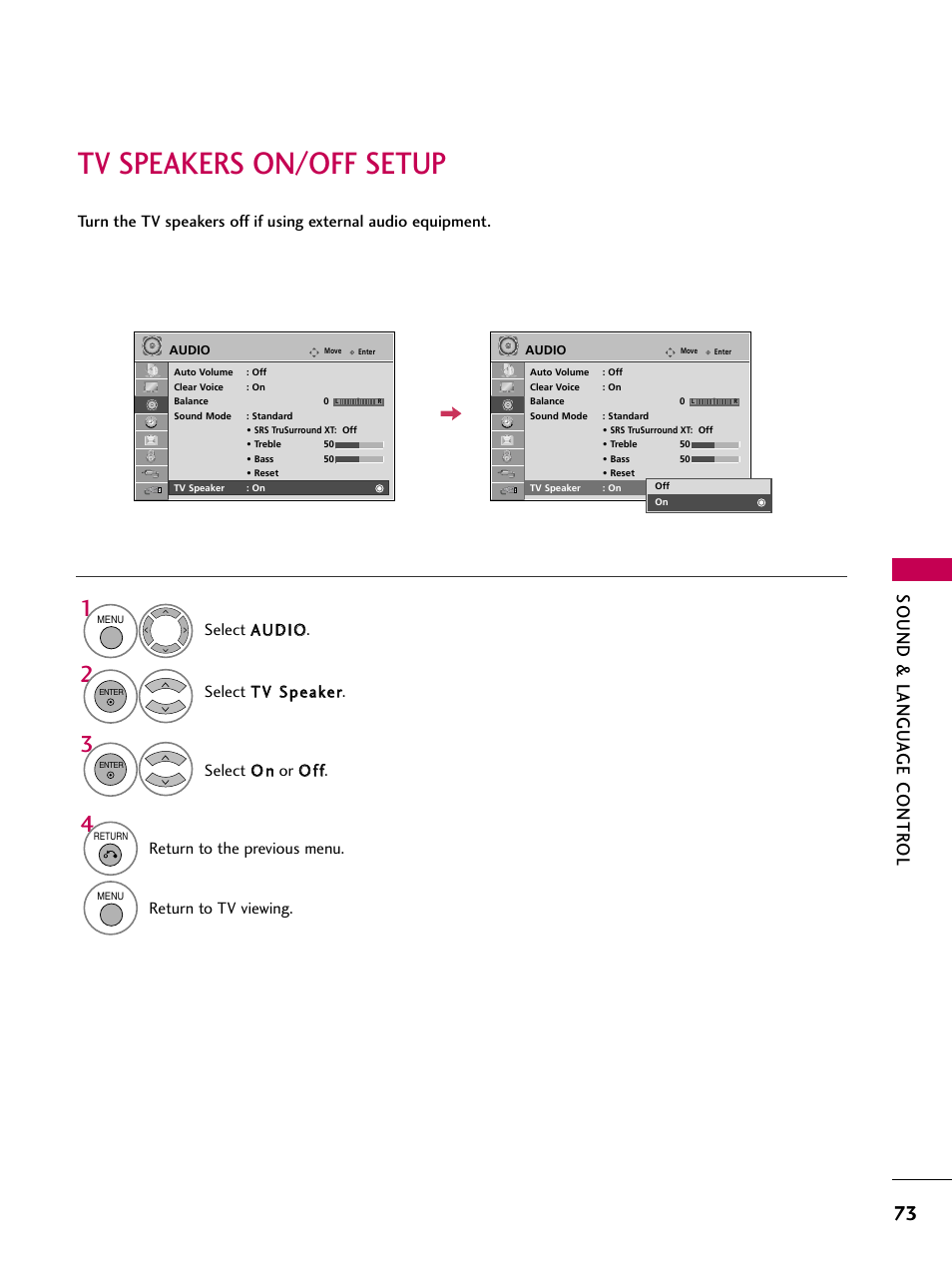 Tv speakers on/off setup, Sound & langu a ge contr ol, Return to the previous menu | Return to tv viewing | LG 47LG50-UG User Manual | Page 73 / 114