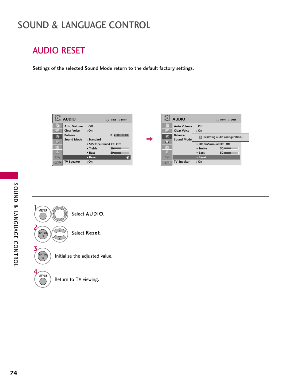 Audio reset, Sound & language control, Sound & langu a ge contr ol | Initialize the adjusted value, Return to tv viewing | LG 47LG50-UG User Manual | Page 74 / 114