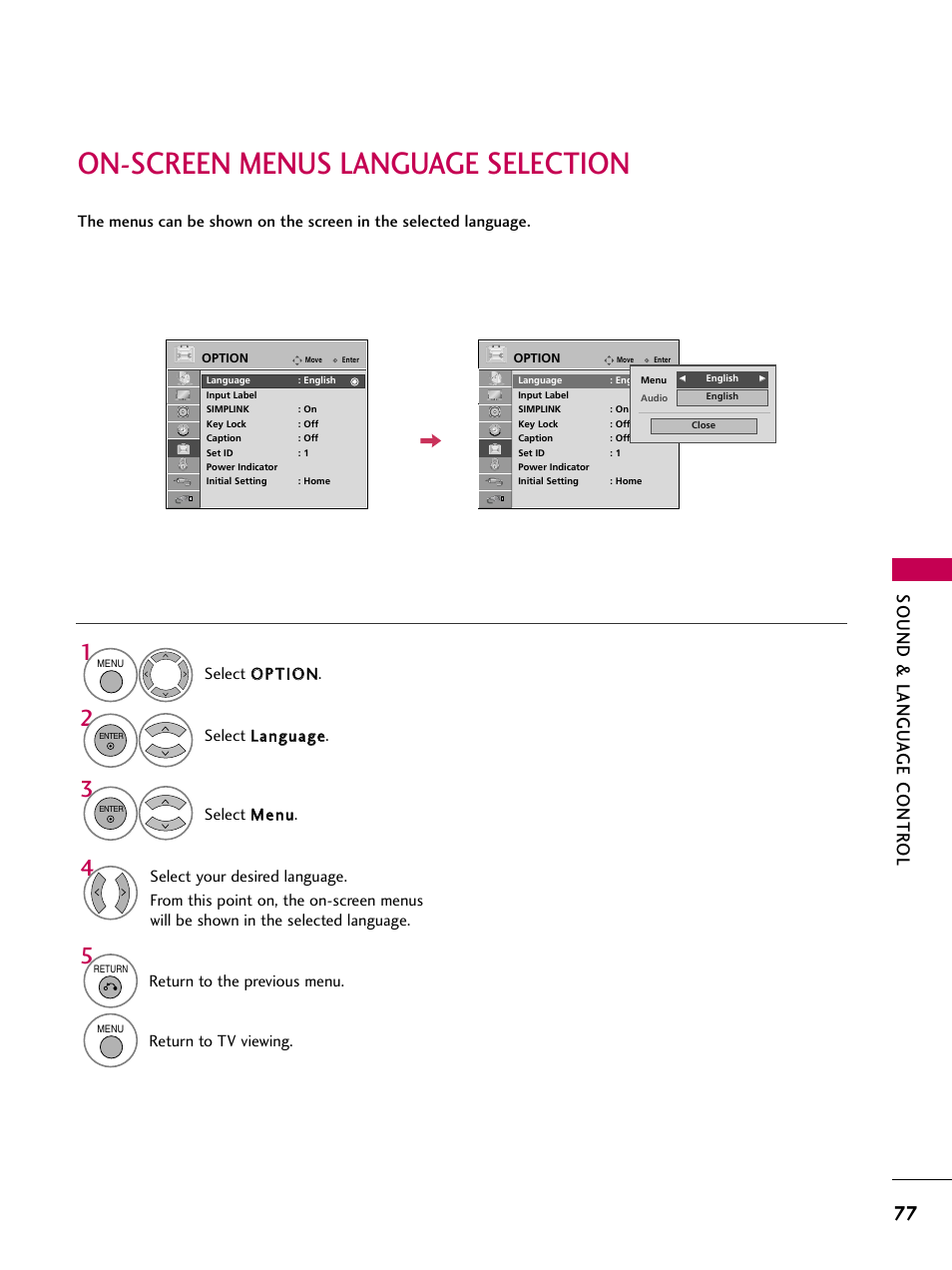 On-screen menus language selection, Sound & langu a ge contr ol, Return to the previous menu | Return to tv viewing | LG 47LG50-UG User Manual | Page 77 / 114