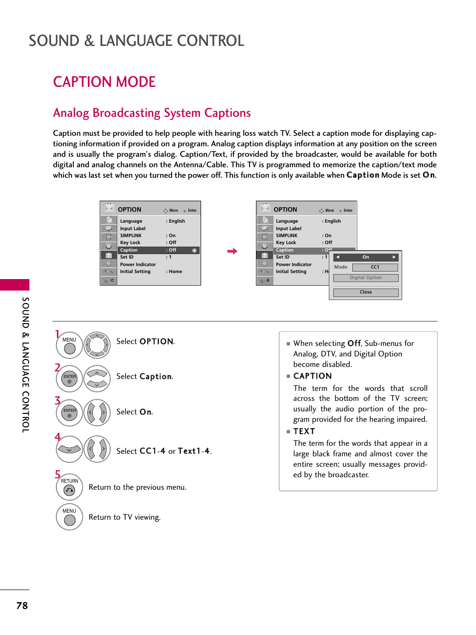 Caption mode, Analog broadcasting system captions, Sound & language control | Sound & langu a ge contr ol | LG 47LG50-UG User Manual | Page 78 / 114