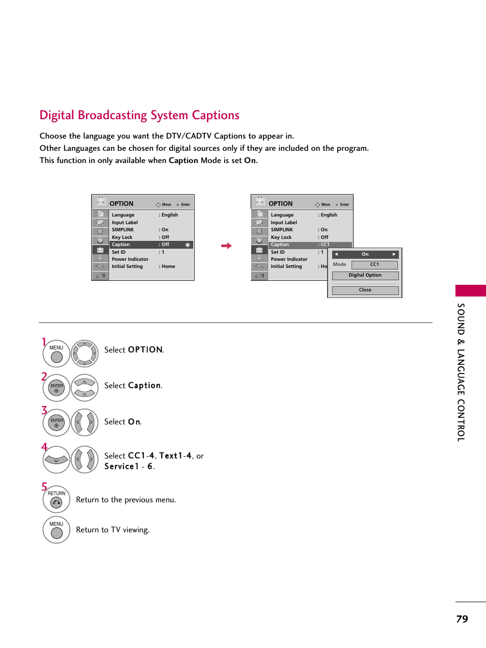 Digital broadcasting system captions, Sound & langu a ge contr ol | LG 47LG50-UG User Manual | Page 79 / 114