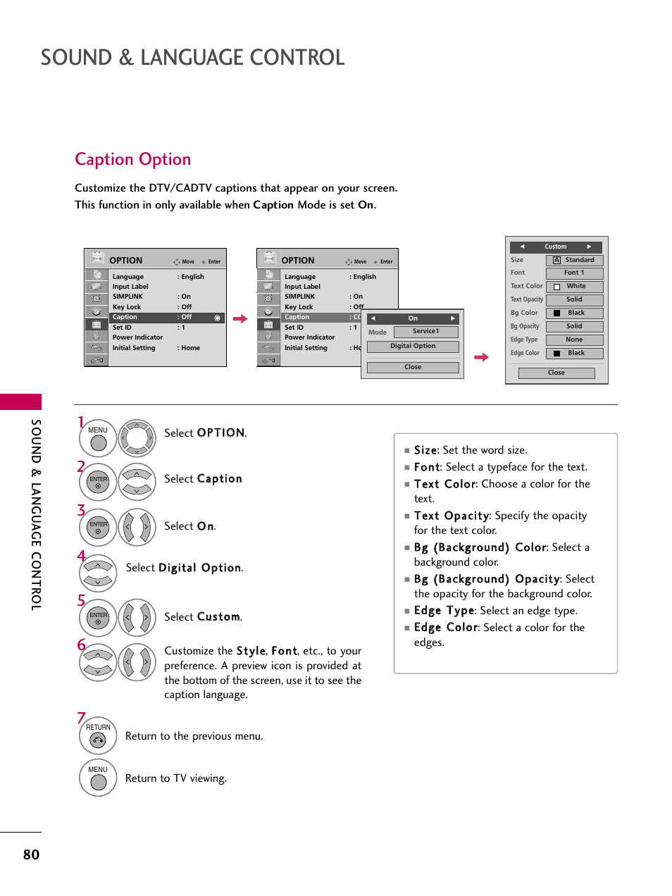 Caption option, Sound & language control, Sound & langu a ge contr ol | LG 47LG50-UG User Manual | Page 80 / 114