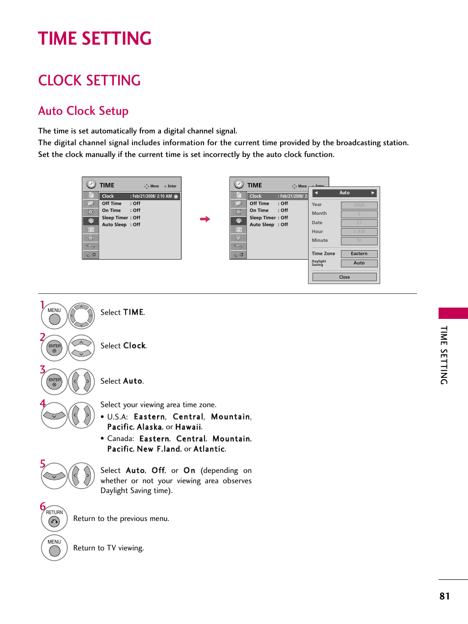 Time setting, Clock setting, Auto clock setup | LG 47LG50-UG User Manual | Page 81 / 114