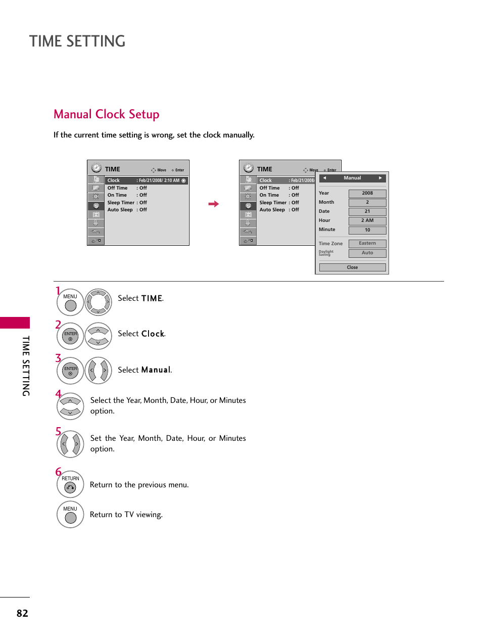 Manual clock setup, Time setting, Set the year, month, date, hour, or minutes option | Return to the previous menu, Return to tv viewing | LG 47LG50-UG User Manual | Page 82 / 114