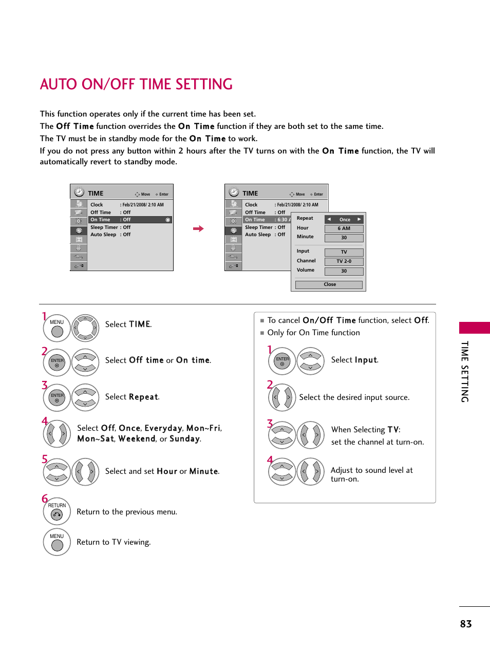 Auto on/off time setting, Time setting | LG 47LG50-UG User Manual | Page 83 / 114