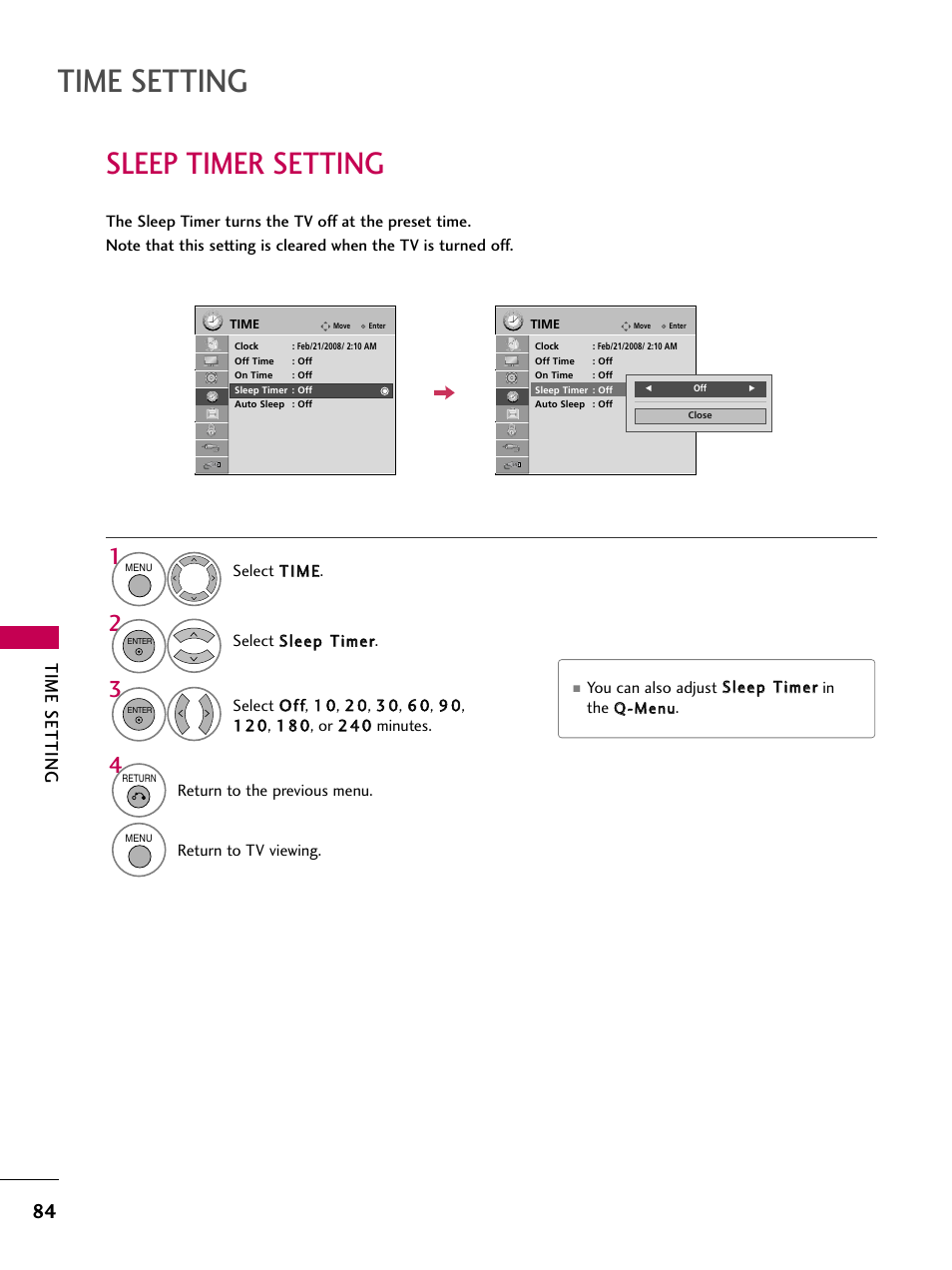 Sleep timer setting, Time setting | LG 47LG50-UG User Manual | Page 84 / 114