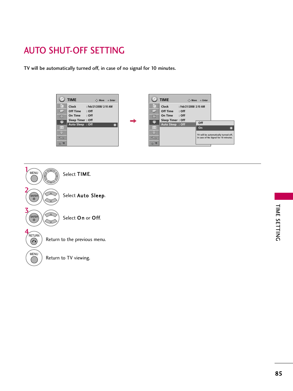 Auto shut-off setting, Time setting | LG 47LG50-UG User Manual | Page 85 / 114