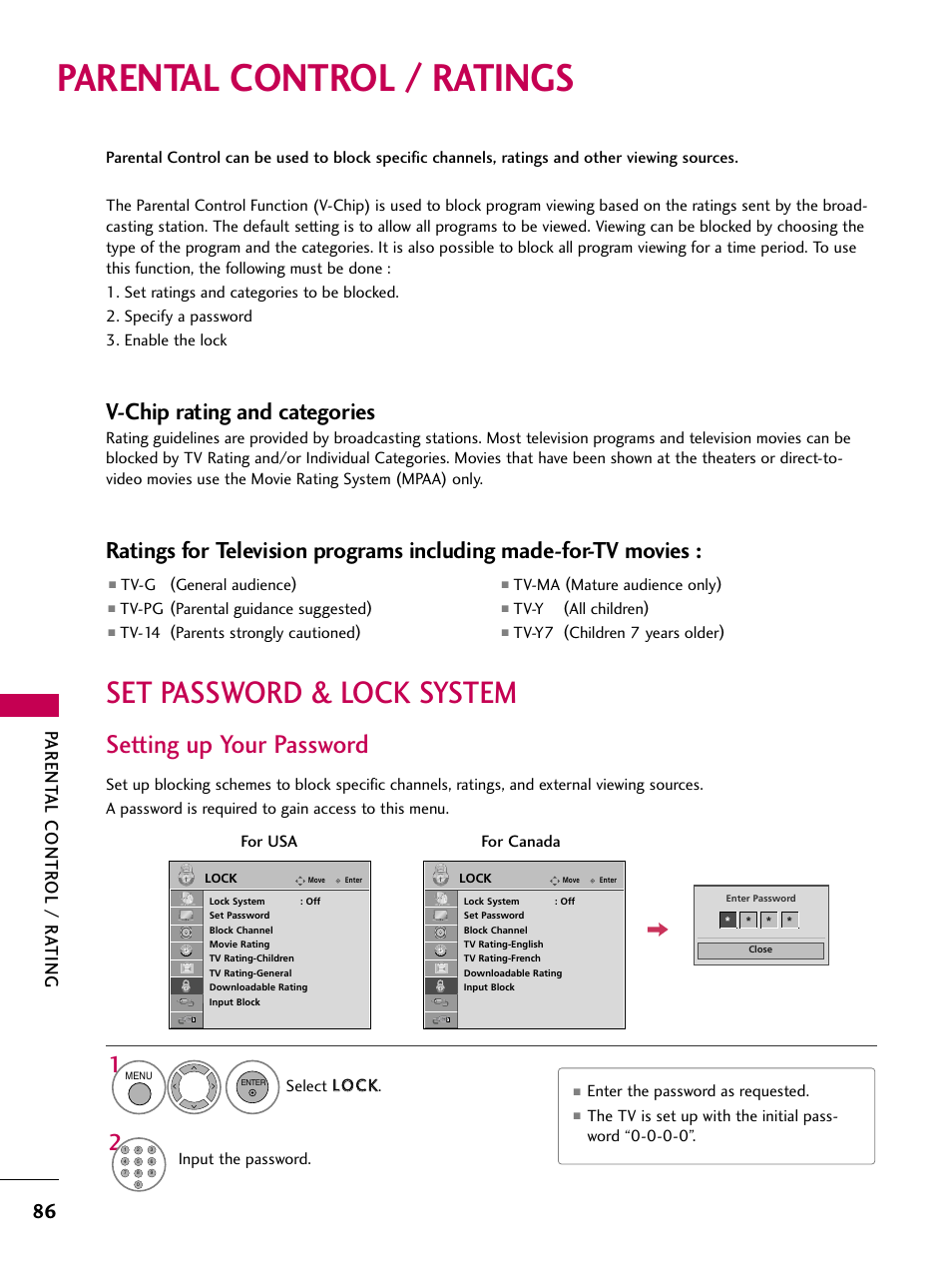 Parental control / ratings, Set password & lock system, Setting up your password | V-chip rating and categories, Parent al contr ol / r ating | LG 47LG50-UG User Manual | Page 86 / 114