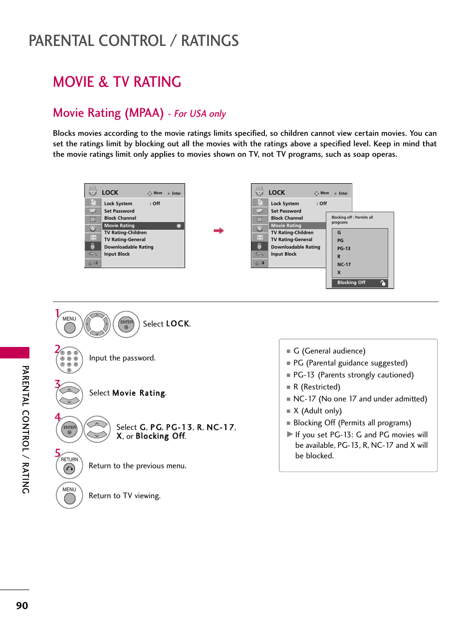 Movie & tv rating, Movie rating (mpaa) - for usa only, Parental control / ratings | Movie rating (mpaa), For usa only, Parent al contr ol / r ating | LG 47LG50-UG User Manual | Page 90 / 114