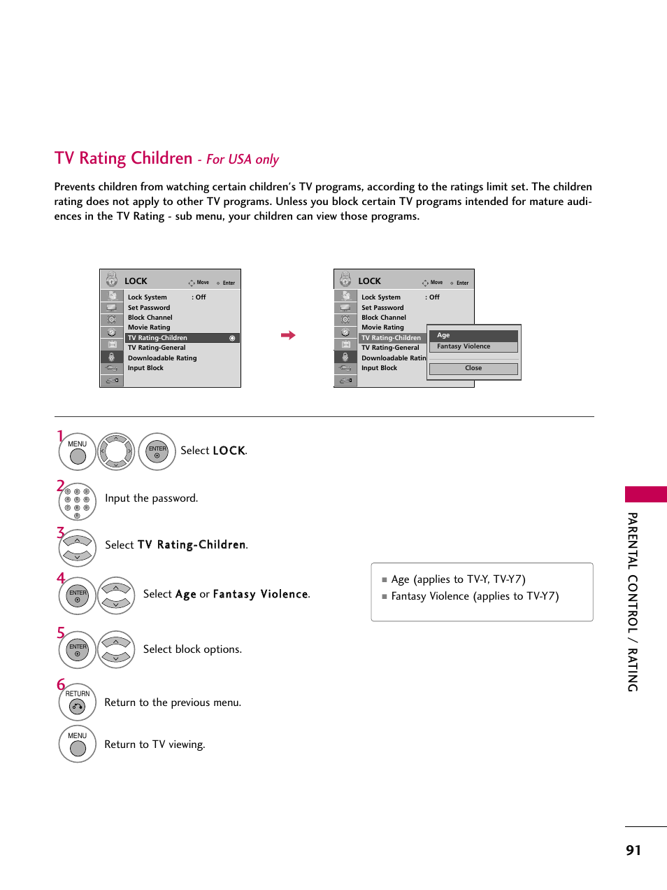 Tv rating children - for usa only, Tv rating children, For usa only | Parent al contr ol / r ating | LG 47LG50-UG User Manual | Page 91 / 114