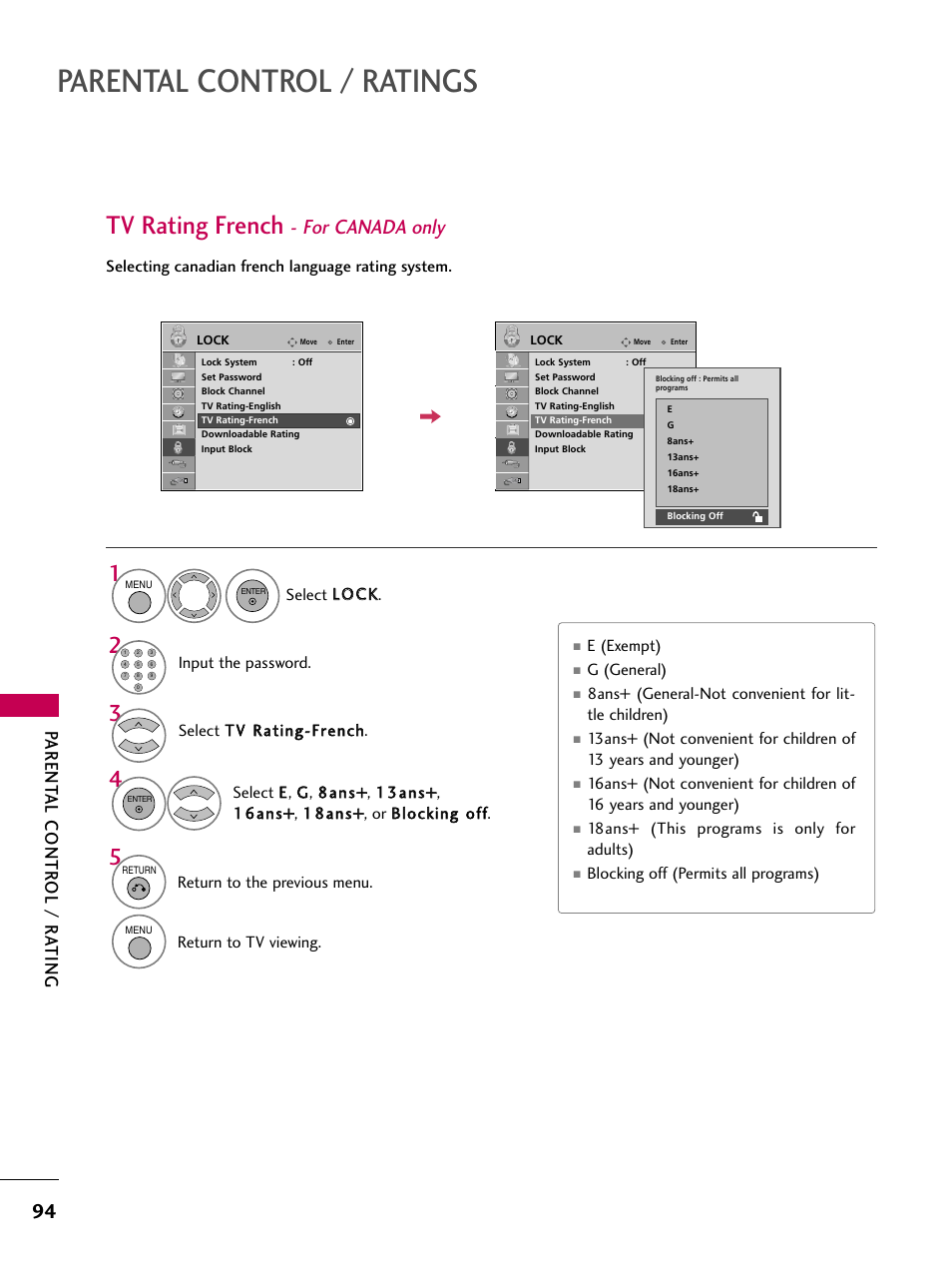 Tv rating french - for canada only, Parental control / ratings, Tv rating french | For canada only, Parent al contr ol / r ating | LG 47LG50-UG User Manual | Page 94 / 114