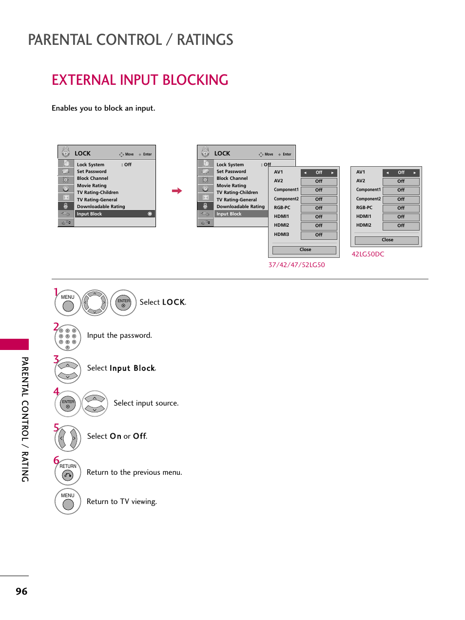 External input blocking, Parental control / ratings, Parent al contr ol / r ating | Select o o nn or o o ff ff, Select llo oc ck k, Input the password, Return to the previous menu, Return to tv viewing, 42lg50dc | LG 47LG50-UG User Manual | Page 96 / 114