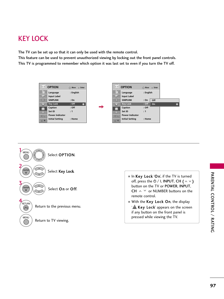 Key lock, Parent al contr ol / r ating | LG 47LG50-UG User Manual | Page 97 / 114