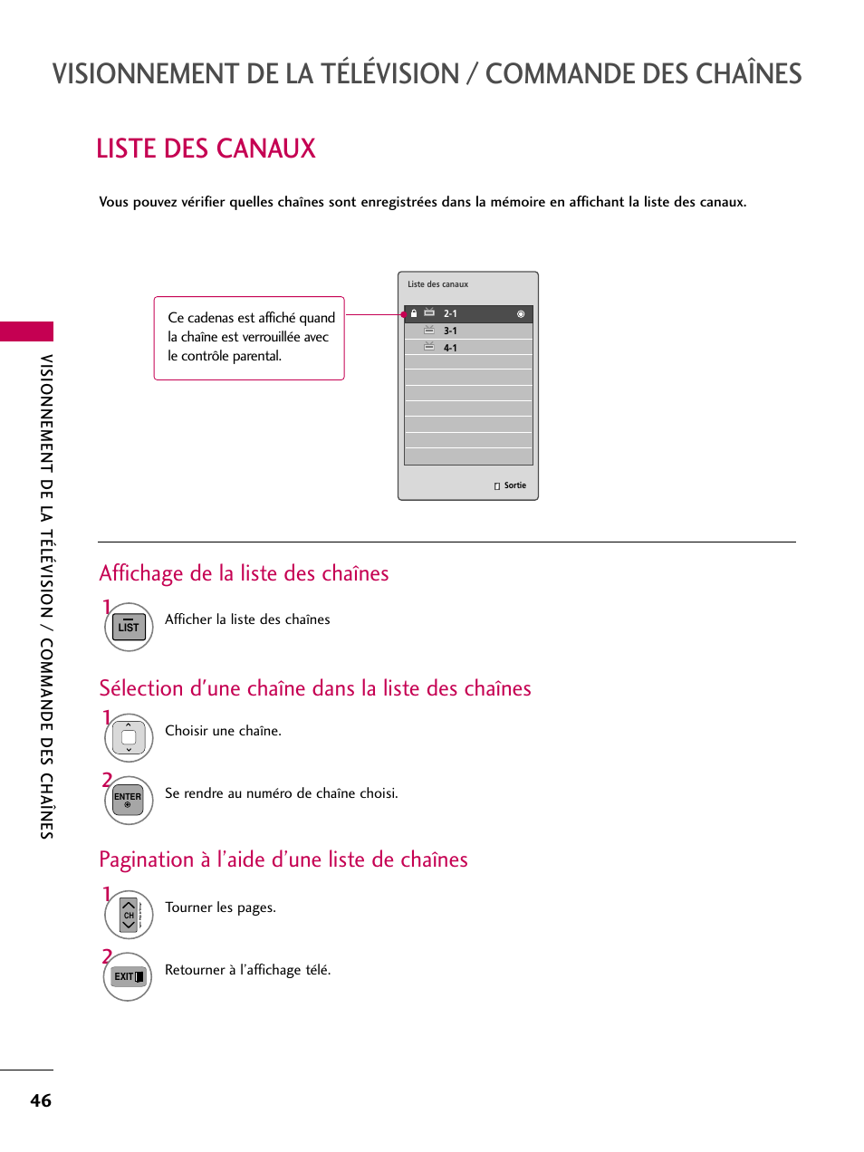Liste des canaux, Affichage de la liste des chaînes, Sélection d'une chaîne dans la liste des chaînes | Pagination à l’aide d’une liste de chaînes | LG 42PJ350 User Manual | Page 166 / 360
