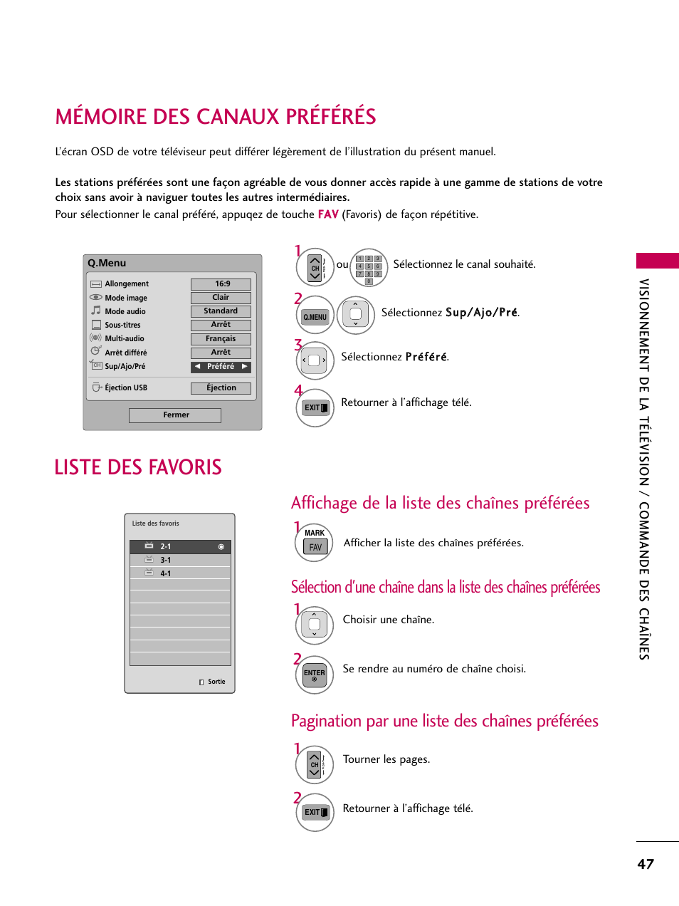 Mémoire des canaux préférés, Liste des favoris, Pagination par une liste des chaînes préférées | Affichage de la liste des chaînes préférées | LG 42PJ350 User Manual | Page 167 / 360