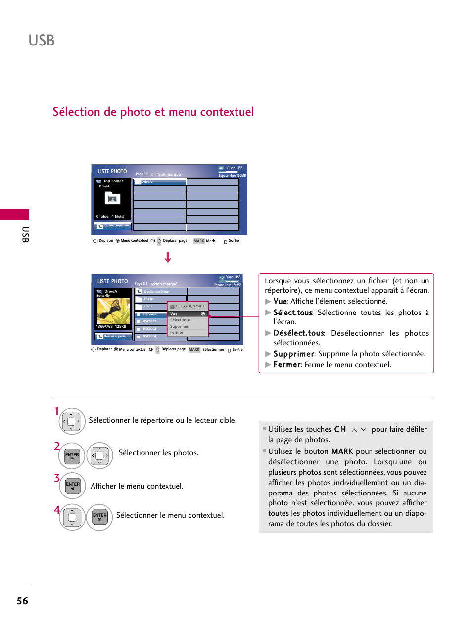 Sélection de photo et menu contextuel, Afficher le menu contextuel, Sélectionner le menu contextuel | Vvu uee: affiche l’élément sélectionné, Ffeerrm meerr: ferme le menu contextuel | LG 42PJ350 User Manual | Page 176 / 360