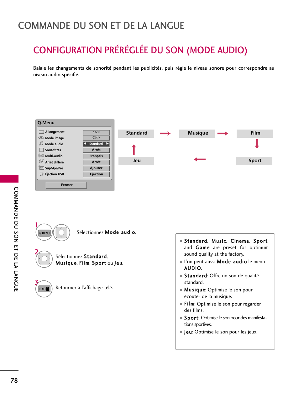 Configuration préréglée du son (mode audio), Commande du son et de la langue | LG 42PJ350 User Manual | Page 198 / 360