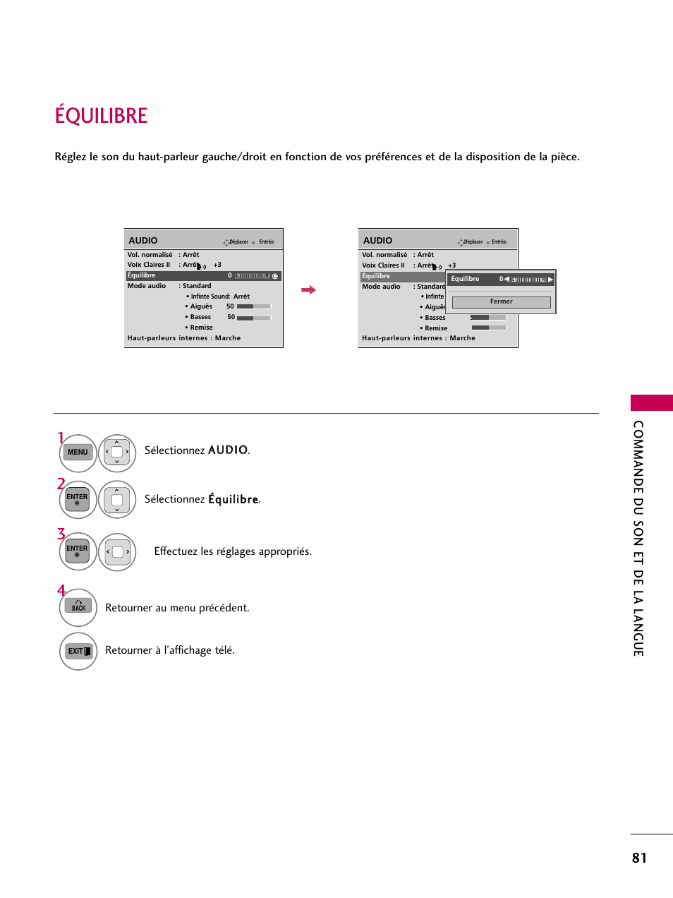 Équilibre, Commande du son et de la langue | LG 42PJ350 User Manual | Page 201 / 360