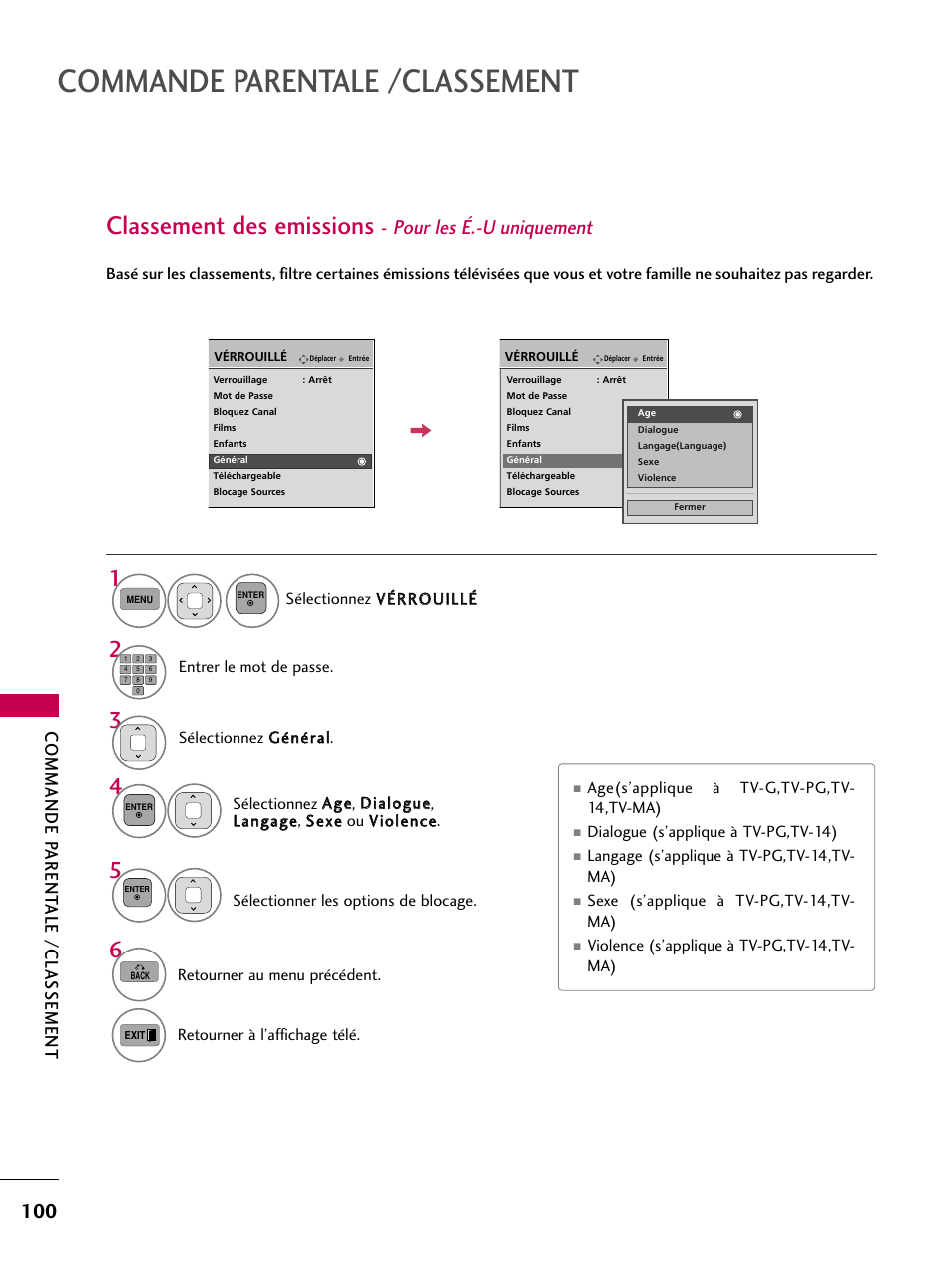Commande parentale /classement, Classement des emissions, Pour les é.-u uniquement | Commande parent ale /classement | LG 42PJ350 User Manual | Page 220 / 360