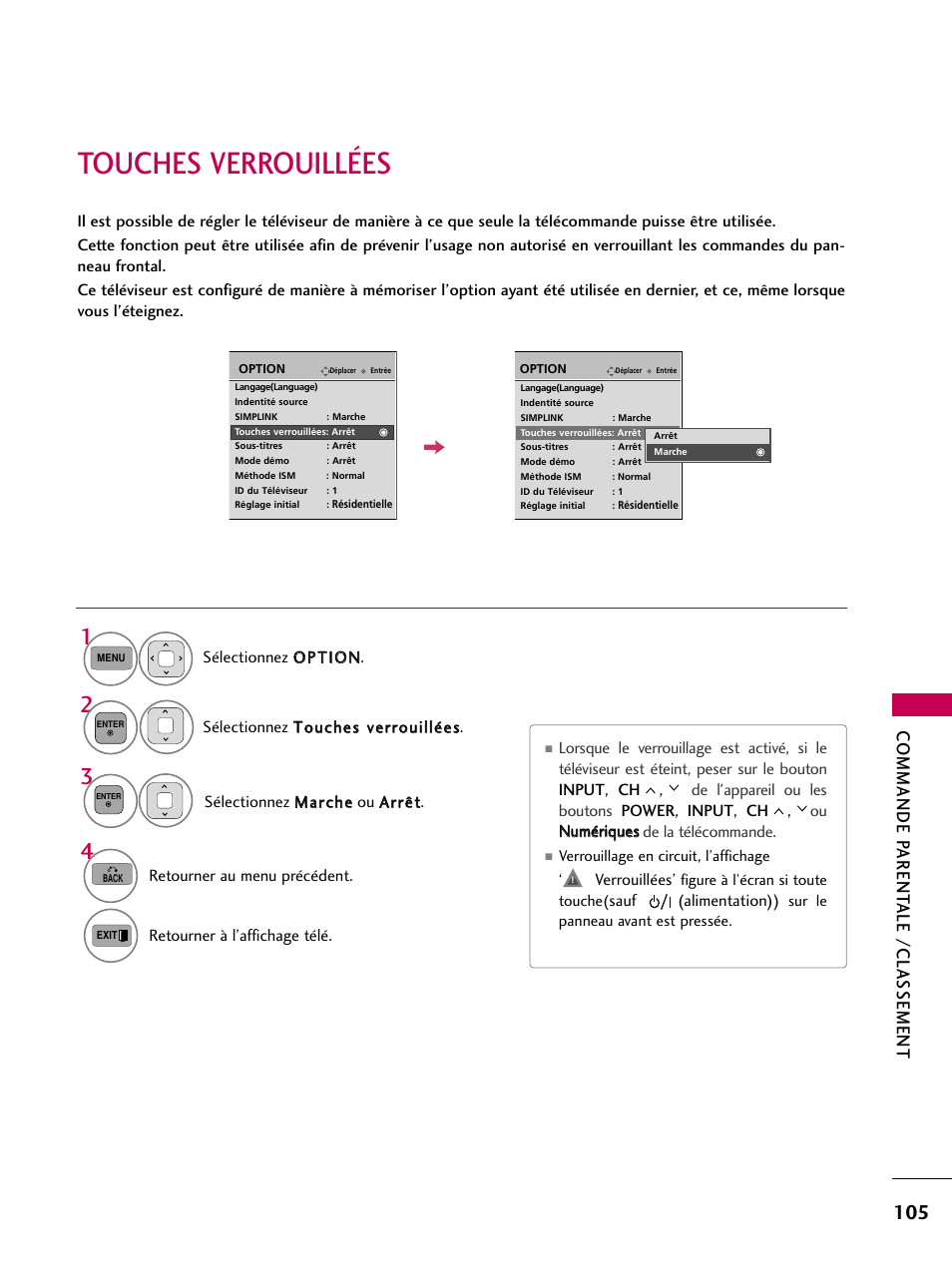 Touches verrouillées, Commande parent ale /classement | LG 42PJ350 User Manual | Page 225 / 360