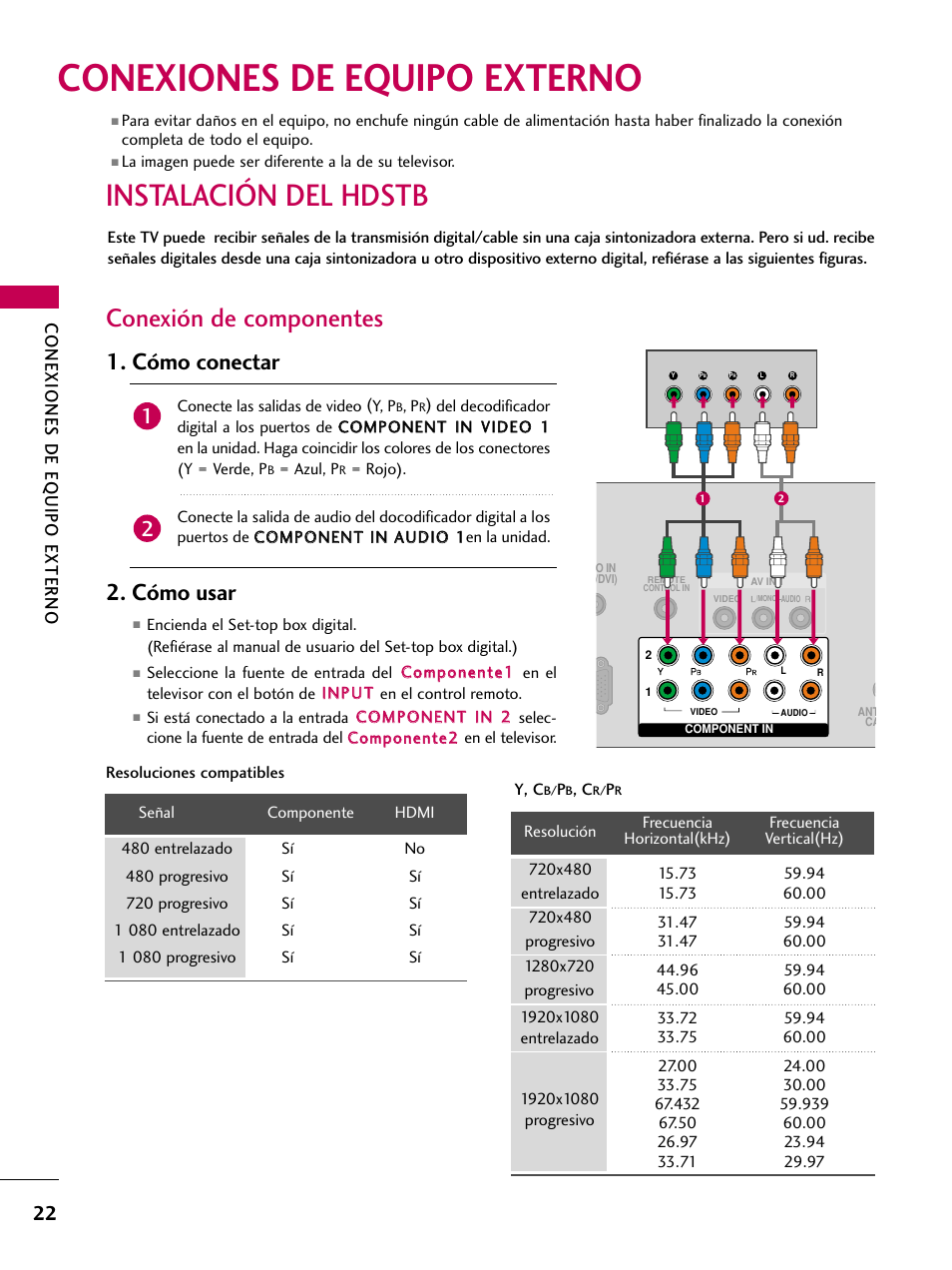 Conexiones de equipo externo, Instalación del hdstb, Conexión de componentes | Cómo conectar, Cómo usar | LG 42PJ350 User Manual | Page 262 / 360