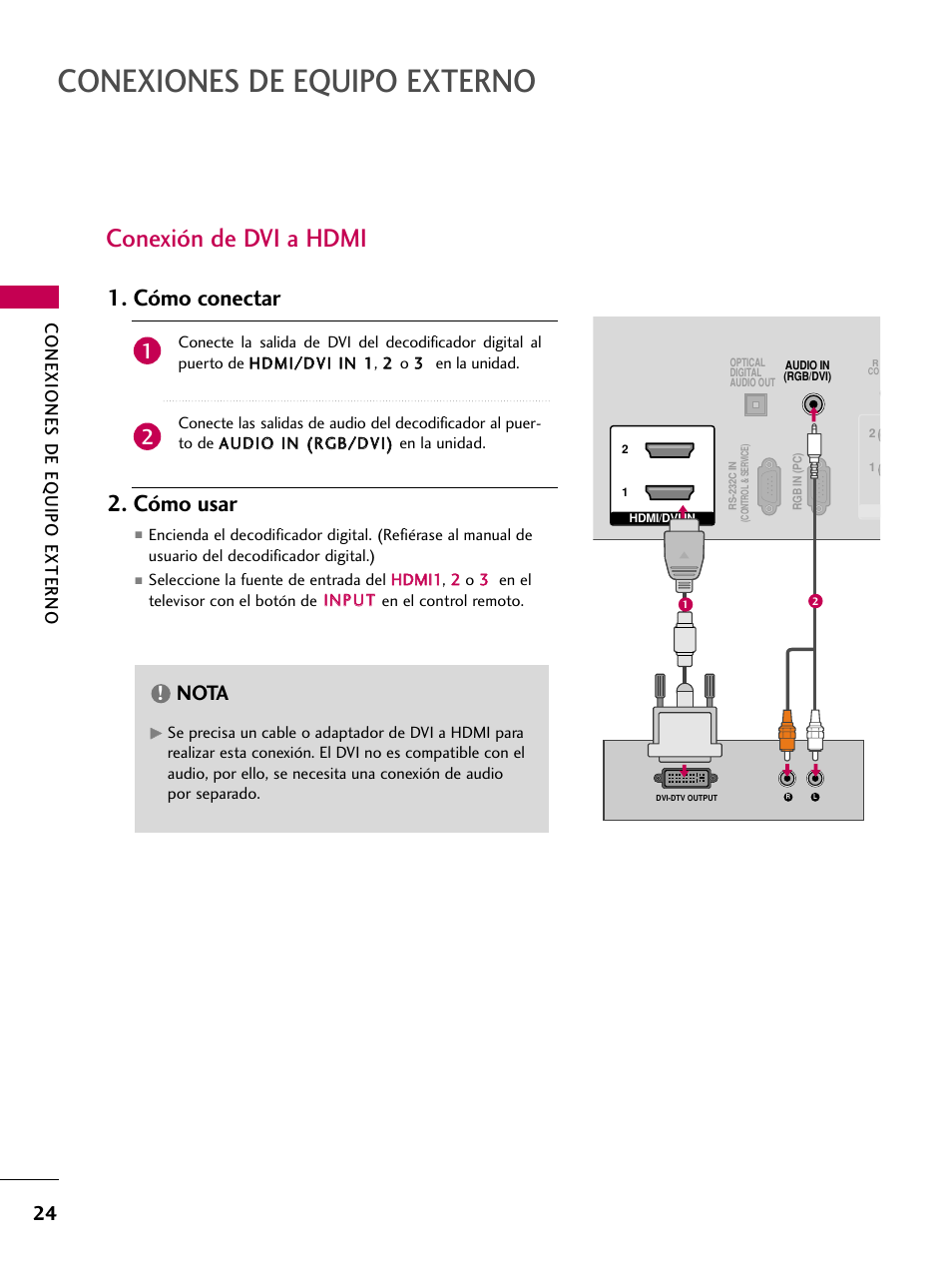 Conexión de dvi a hdmi, Cómo conectar 2. cómo usar, Nota | Conexiones de equipo externo | LG 42PJ350 User Manual | Page 264 / 360