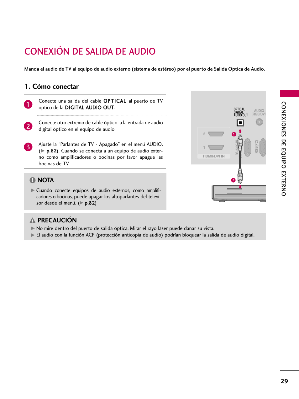 Conexión de salida de audio, Cómo conectar, Nota | Precaución, Conexiones de eq uipo externo | LG 42PJ350 User Manual | Page 269 / 360