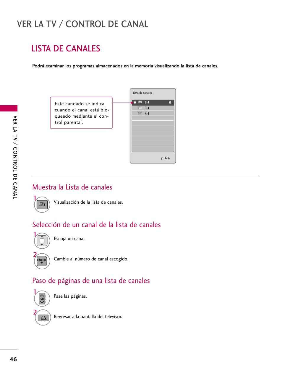 Lista de canales, Ver la tv / control de canal, Muestra la lista de canales | Selección de un canal de la lista de canales, Paso de páginas de una lista de canales | LG 42PJ350 User Manual | Page 286 / 360
