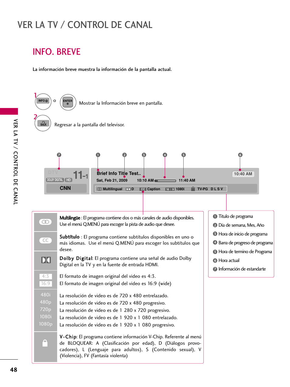 Info. breve, Ver la tv / control de canal, Ver la tv / contr ol de canal | LG 42PJ350 User Manual | Page 288 / 360
