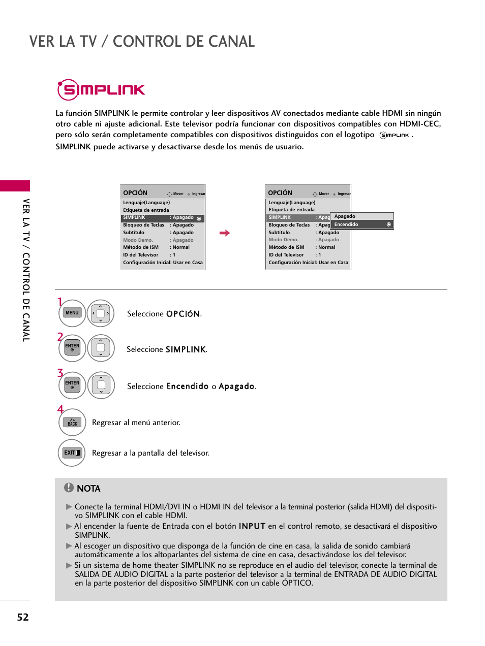 Simplink, Ver la tv / control de canal, Ver la tv / contr ol de canal | Nota | LG 42PJ350 User Manual | Page 292 / 360