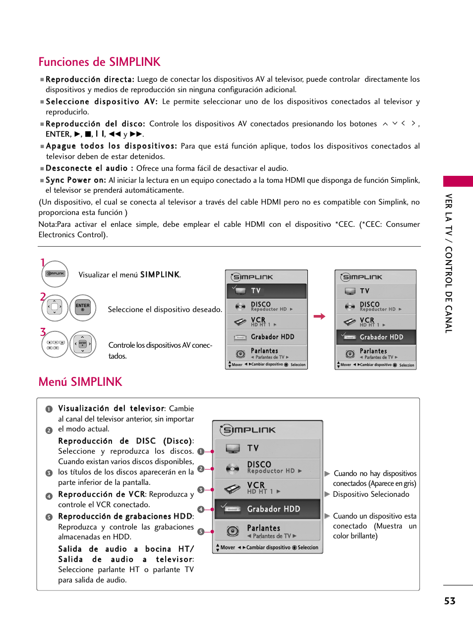 Menú simplink, Funciones de simplink, Ver la tv / contr ol de canal | Ggrraabbaaddoorr h hd dd d ppaarrllaanntteess | LG 42PJ350 User Manual | Page 293 / 360