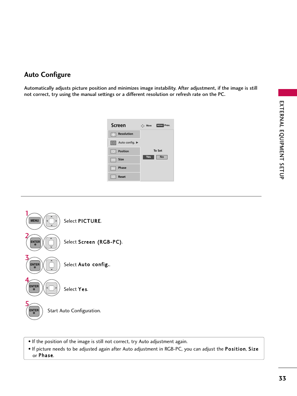 Auto configure, External eq uipment setup | LG 42PJ350 User Manual | Page 33 / 360