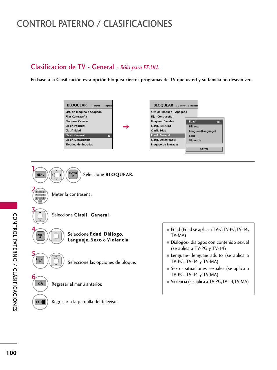 Control paterno / clasificaciones, Clasificacion de tv - general, Sólo para ee.uu | Contr ol pa terno / clasifica c iones | LG 42PJ350 User Manual | Page 340 / 360
