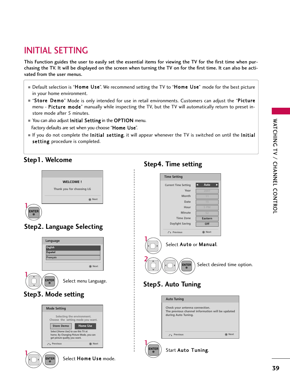 Initial setting, Step3. mode setting, Step2. language selecting | Step4. time setting, Step5. auto tuning, Step1. welcome, Wa tching tv / channel contr ol | LG 42PJ350 User Manual | Page 39 / 360