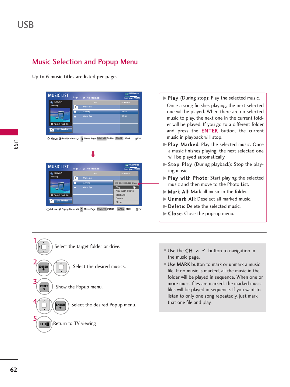 Music selection and popup menu | LG 42PJ350 User Manual | Page 62 / 360