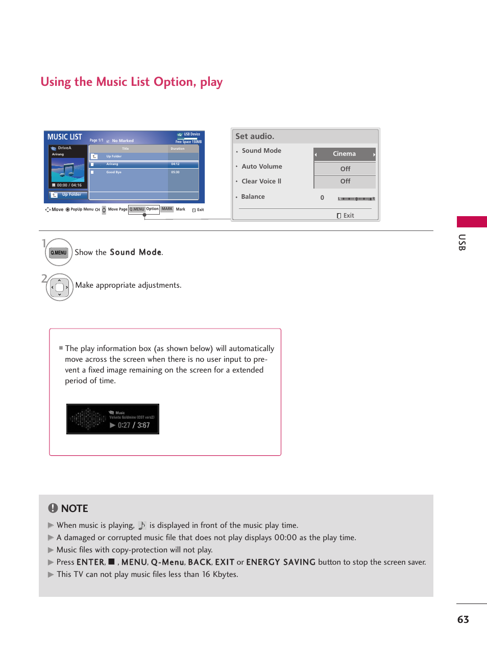 Using the music list option, play | LG 42PJ350 User Manual | Page 63 / 360