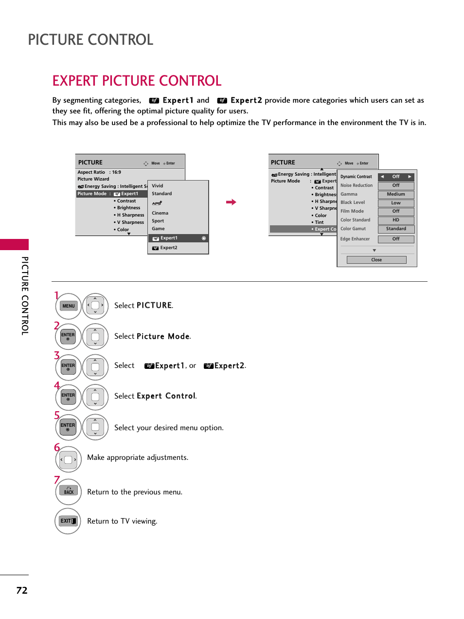 Expert picture control, Picture control, Picture contr ol | LG 42PJ350 User Manual | Page 72 / 360