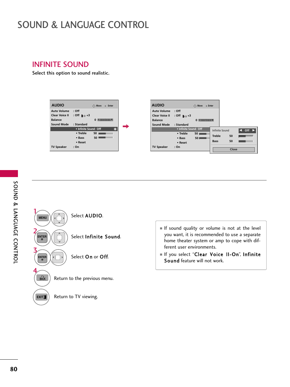 Infinite sound, Sound & language control, Sound & langu a ge contr ol | LG 42PJ350 User Manual | Page 80 / 360