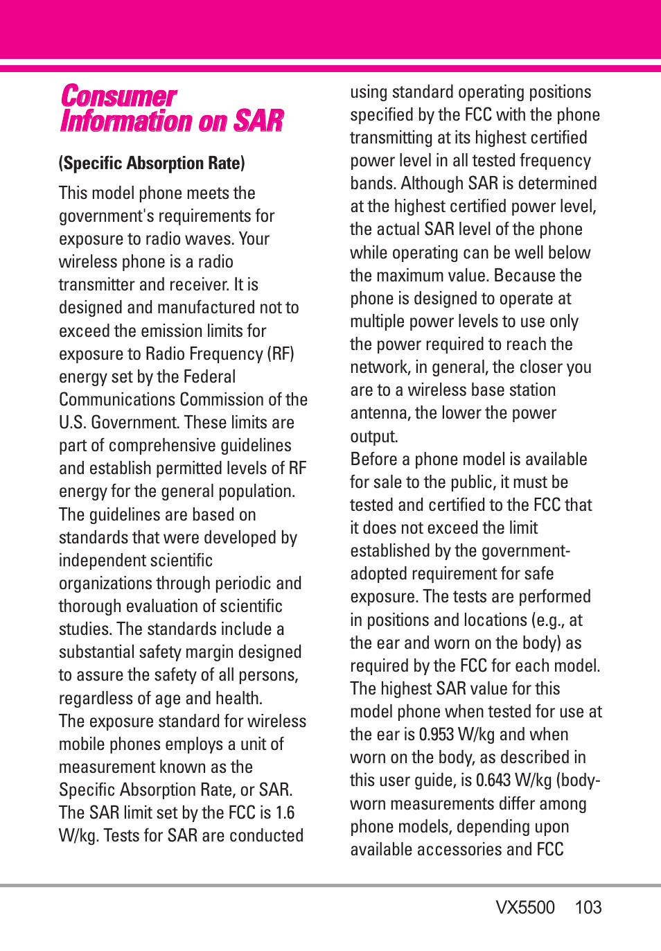 Consumer information on sar, Consumer information on sar .103 | LG VX5500 User Manual | Page 105 / 252