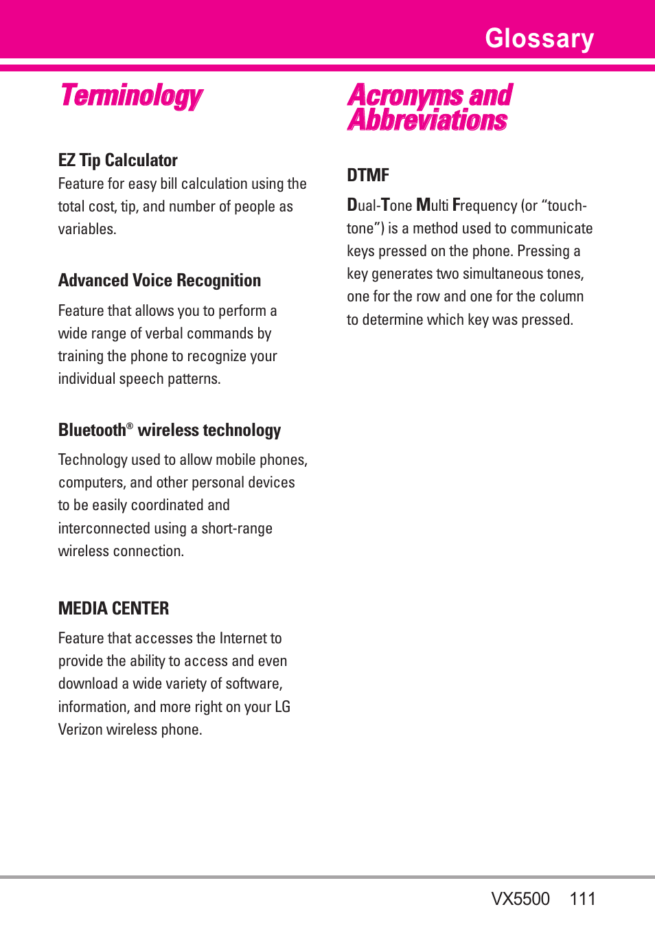 Glossary, Terminology, Acronyms and abbreviations | Tte errm miin no ollo og gyy | LG VX5500 User Manual | Page 113 / 252