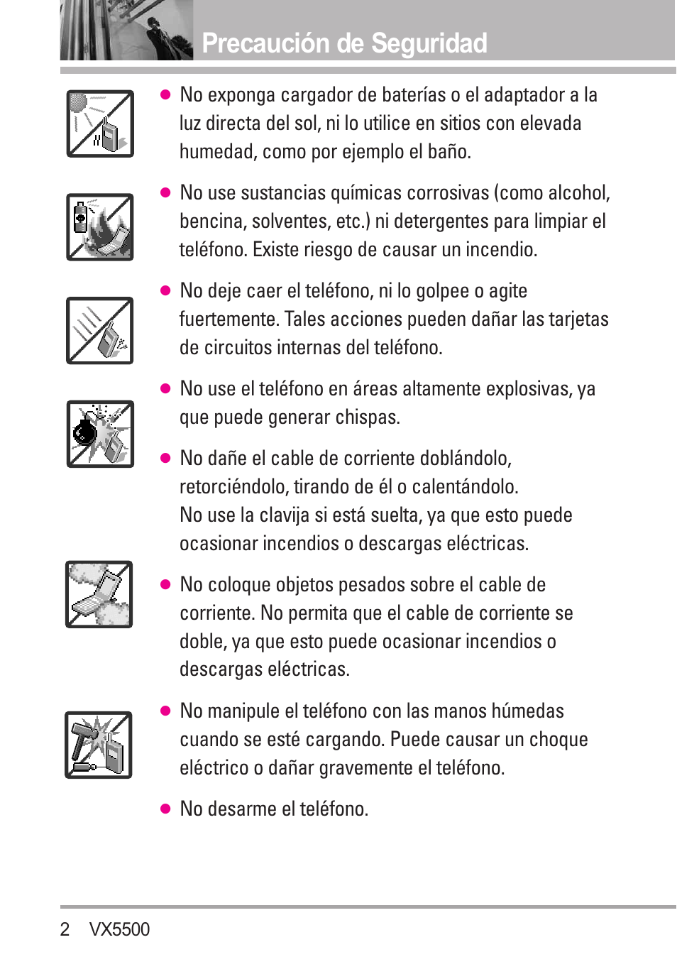 Precaución de seguridad, No desarme el teléfono | LG VX5500 User Manual | Page 121 / 252
