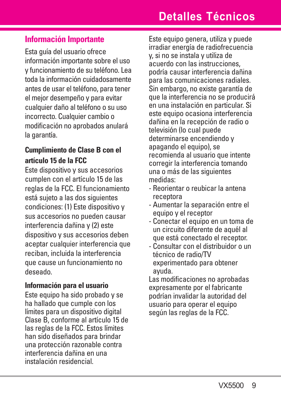 Detalles técnicos, Información importante | LG VX5500 User Manual | Page 128 / 252