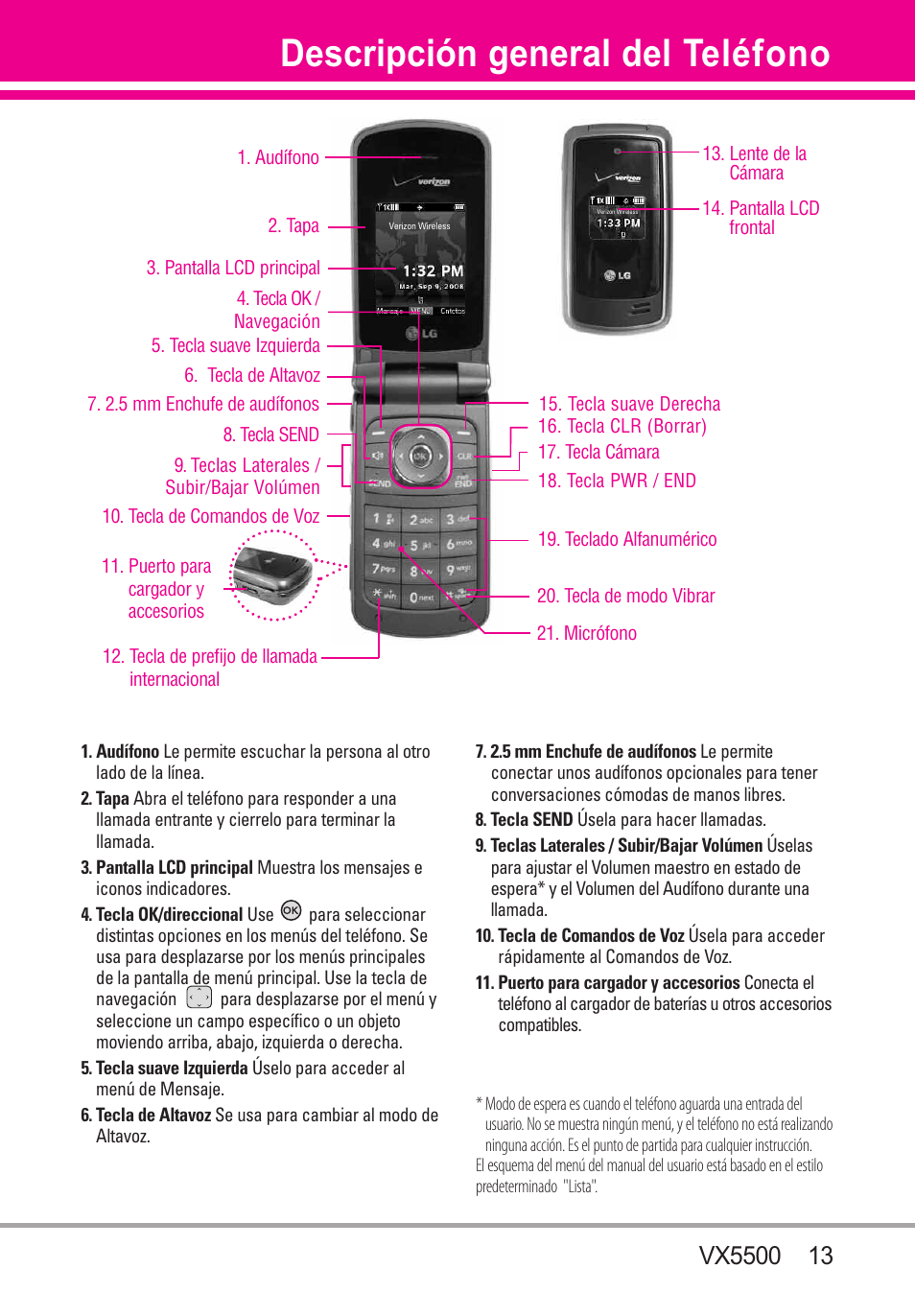 Descripción general del telé, Descripción general del teléfono | LG VX5500 User Manual | Page 132 / 252