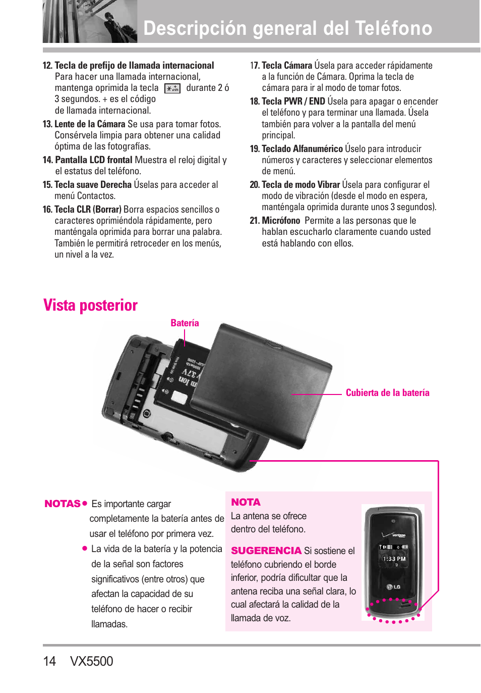 Descripción general del teléfono, Vista posterior | LG VX5500 User Manual | Page 133 / 252