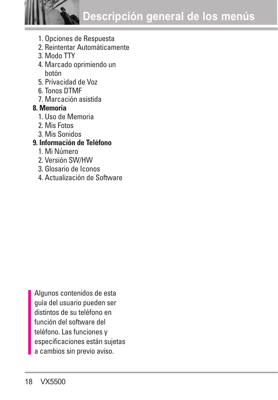 Descripción general de los menús | LG VX5500 User Manual | Page 137 / 252