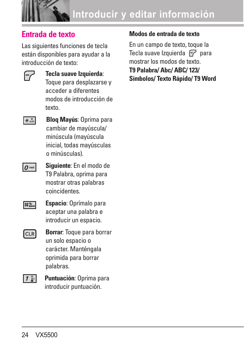 Introducir y editar información, Entrada de texto, Modos de entrada de texto | Introducir y editar información24 | LG VX5500 User Manual | Page 143 / 252