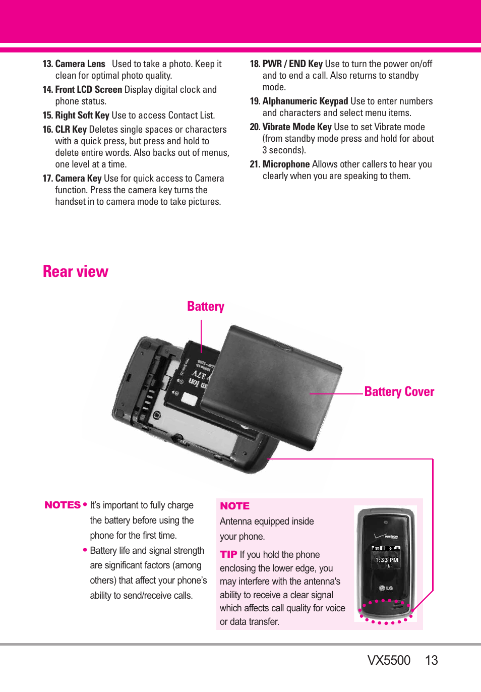 Rear view, Battery battery cover | LG VX5500 User Manual | Page 15 / 252