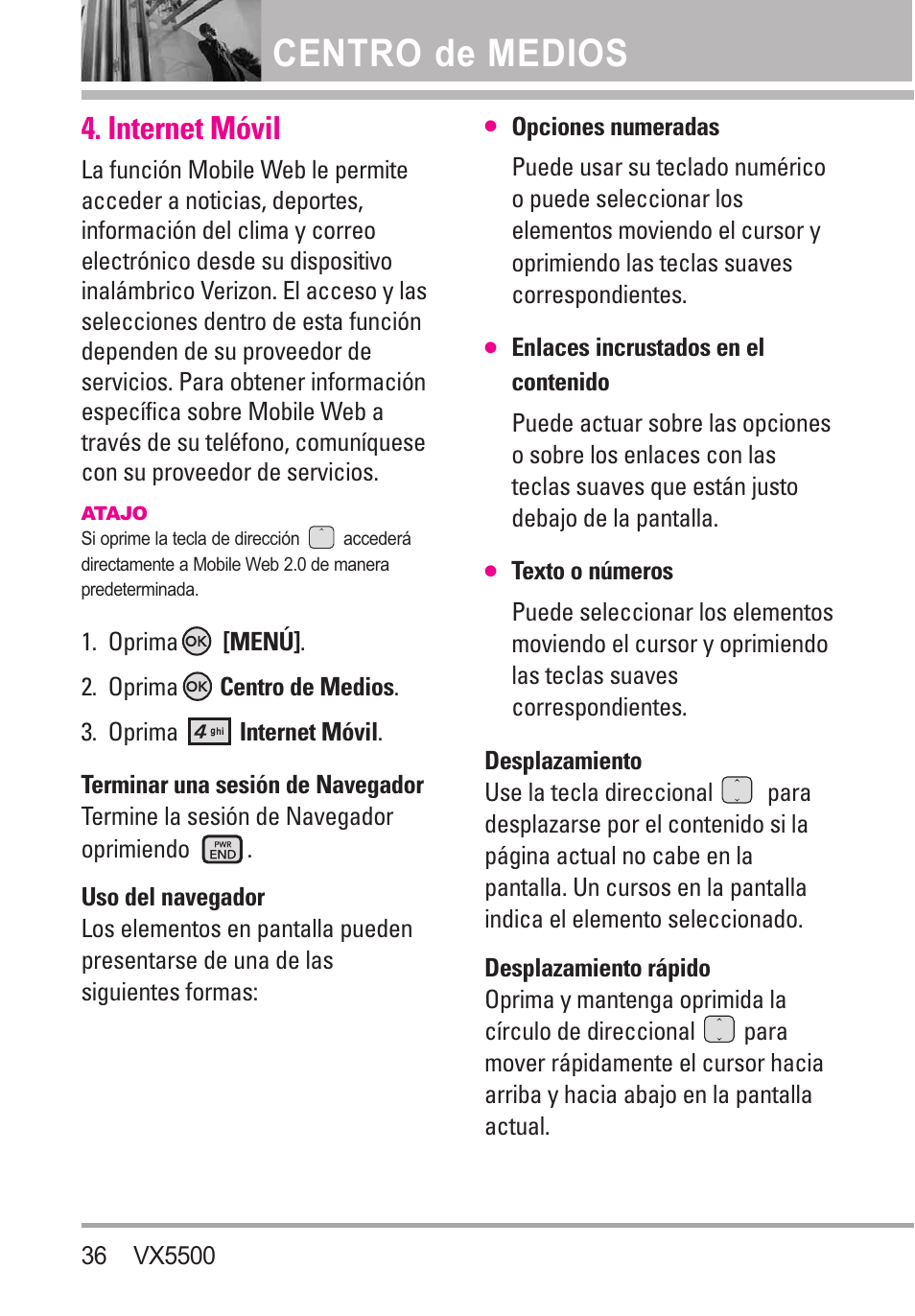 Centro de medios, Internet móvil | LG VX5500 User Manual | Page 155 / 252